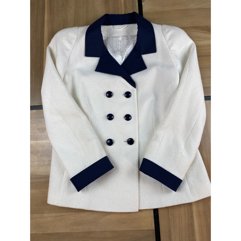 ALGO‎ White Double Breasted Blazer Navy Trim Collar Cuffs Women